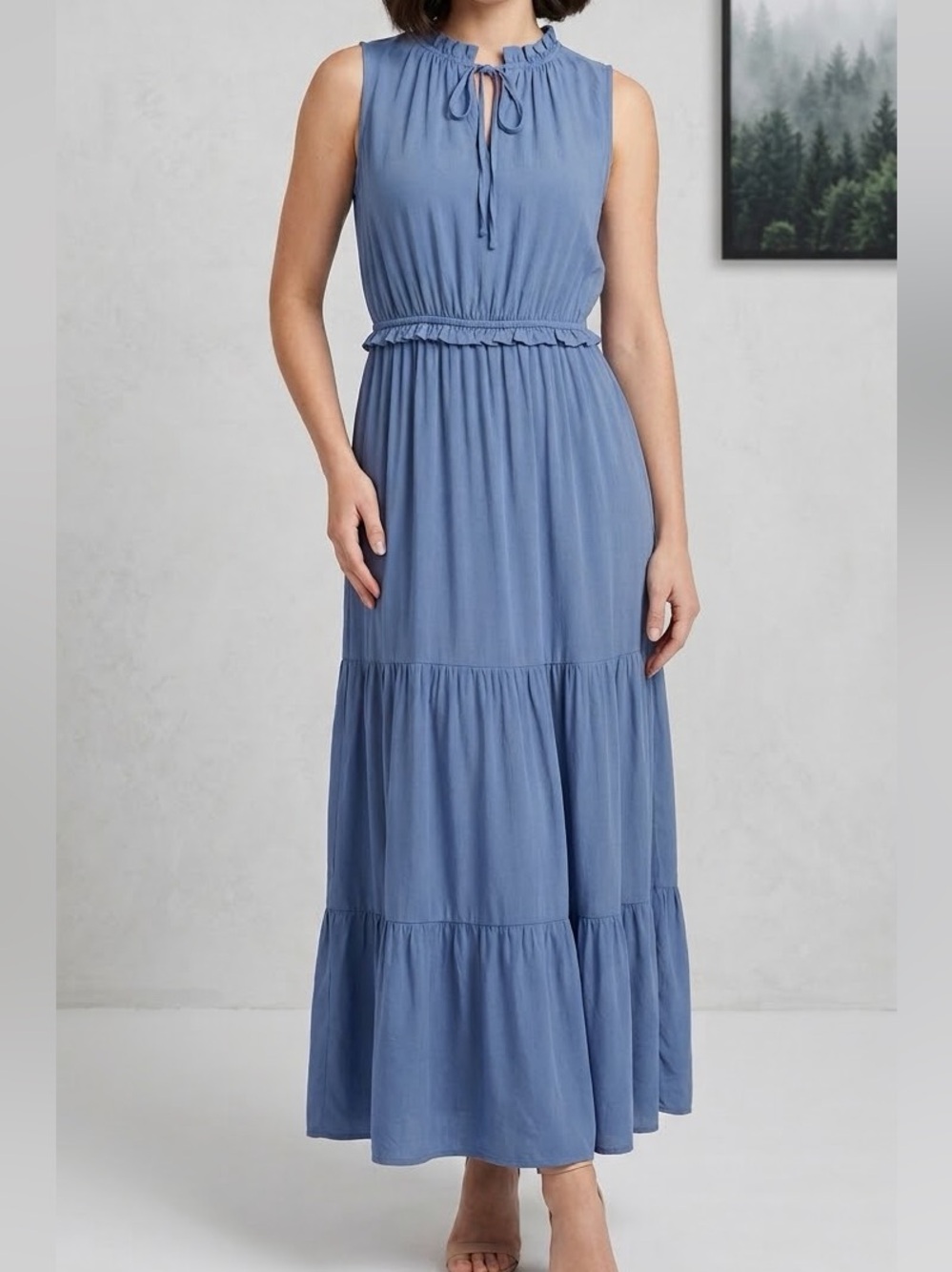 Sleeveless Blue Maxi Dress with Tie Neck